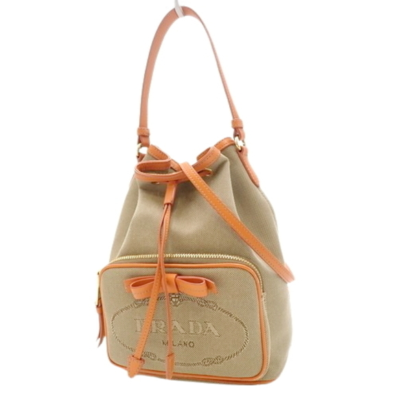 Prada Logo Jacquard Leather Handbag Beige - Picture 1 of 9